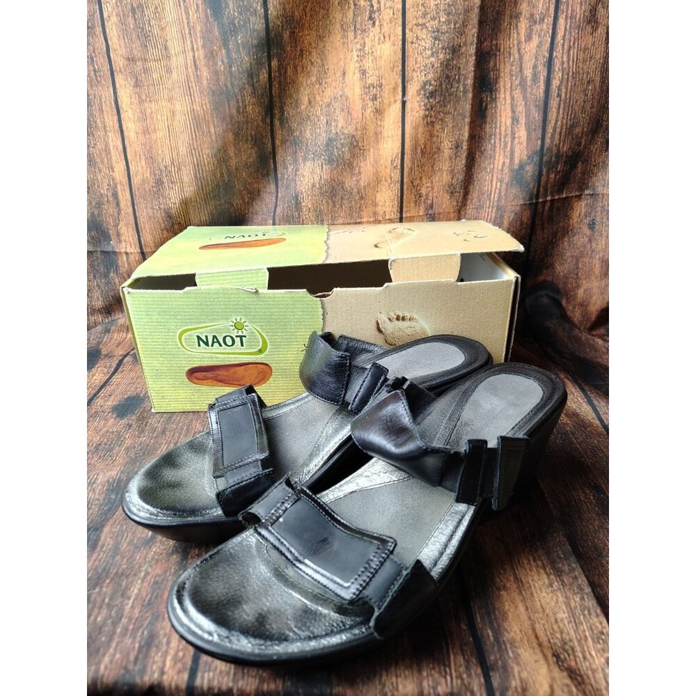 NAOT GRAY BLACK LEATHER DRESS SANDALS SHOES WEDGE HEELS WOMENS SZ 9 9.5 EU 40